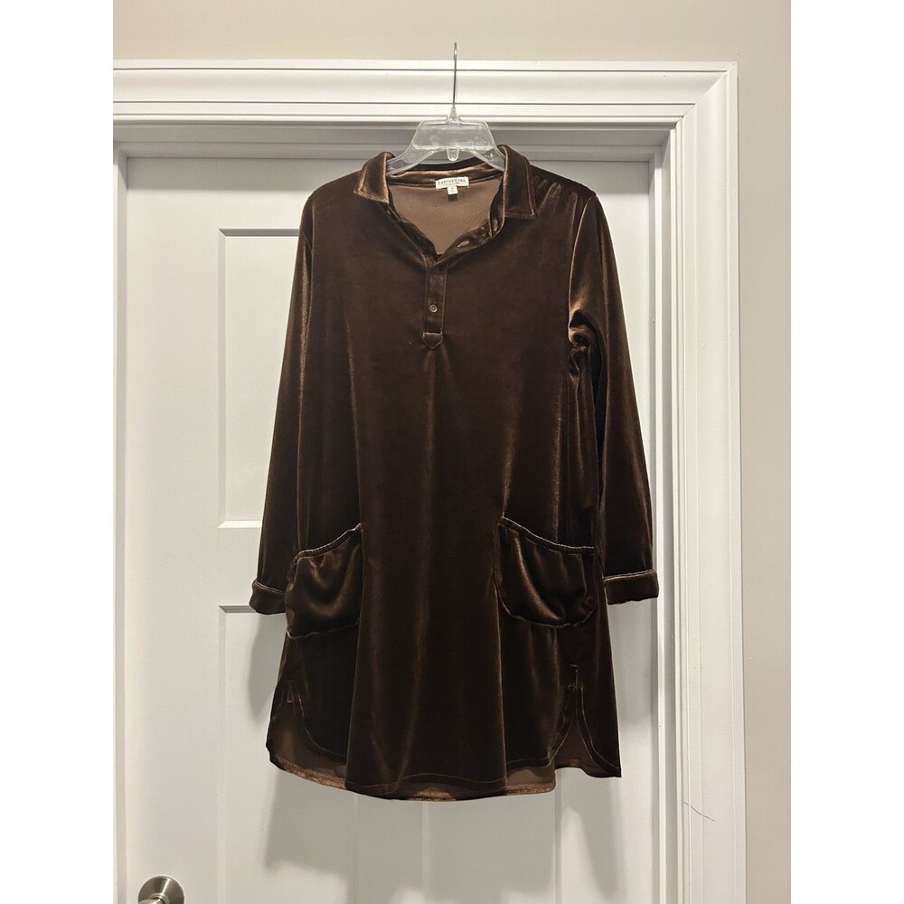 Earthbound Mini Shirt Dress Woman’s Size Small Bronze Brown Velvet Long Sleeve
